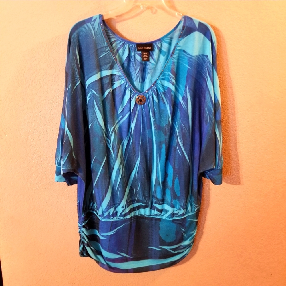 Lane Bryant Womens Blue Short Sleeve Embellished Tunic Top Size 14/16